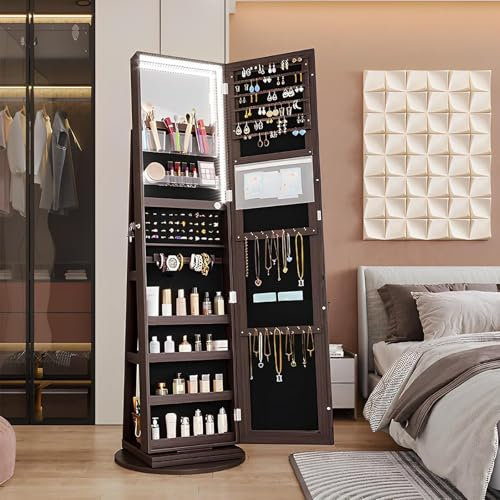 Hlixzoy Ganzkörperspiegel, Standspiegel, 360 Grad Drehbarer Schminkspiegelschrank, Schmuckschrank, Aufbewahrungsschrank, Schminkspiegel,B