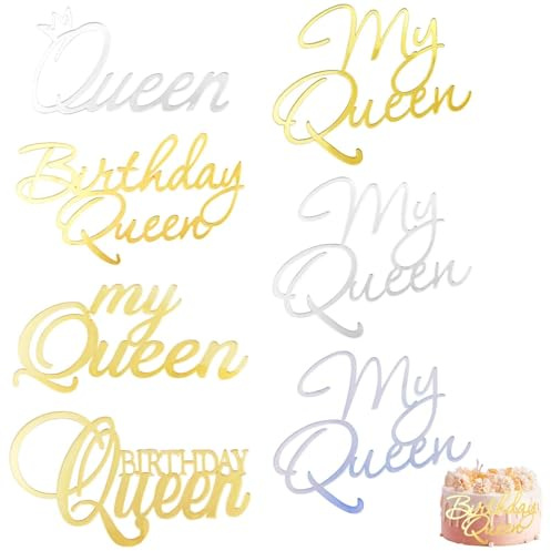 7 Pack Acrylic Birthday Queen Princess Cake Toppers, Gold Silver Glitter My Queen Cake Picks, Royal Cake Decorations for Women Ladies Birthday Party Supplies