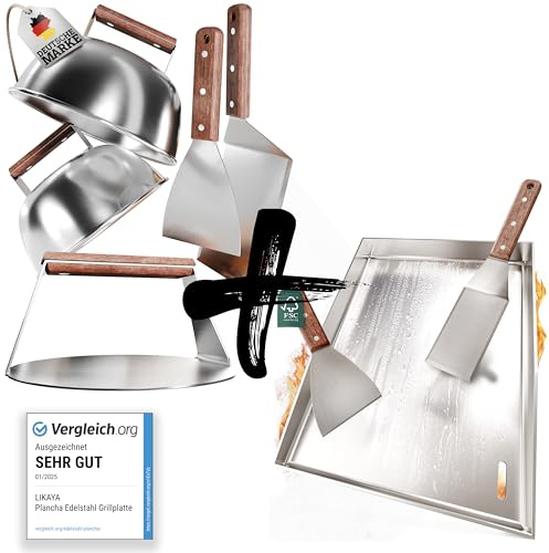 LIKAYA® [BUNDLE] Plancha Plaque de cuisson en acier inoxydable + kit de hachoir à hamburgers – 4 spatules à barbecue et Smasher à hamburger avec manche en bois d'acacia FSC® – Des hamburgers parfaits