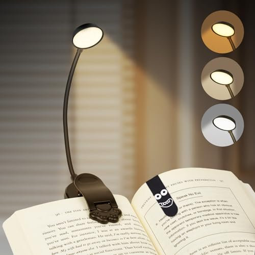 vsshe Leselampe Buch Klemme, USB Wiederaufladbare Buchlampe, Stufenlose Helligkeit Klemmlampe mit 3 Farbtemperatur Modi & 360° Flexibel Leselicht, LED Buchlampe für Nachtlesen ins Bett (Runden)