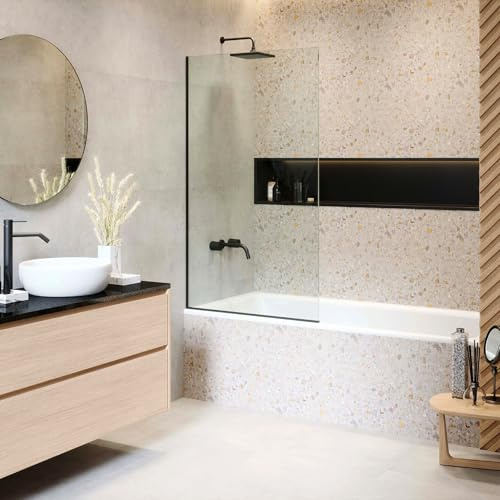Fine Fixtures Frameless Fixed Tub Shower Glass Panel - Clear Tempered Glass Bathroom Shower Door Screen for Bathtub 30 W x 58 H Black Finish