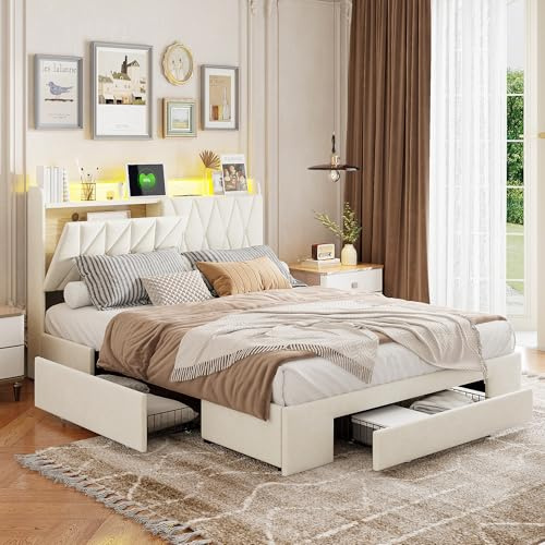 DULRLLY Bett 140x200 mit Stauraum Polsterbett Doppelbett mit LED Beleuchtung und 3 Schubladen, Kopfteil mit Staufach und USB-Ladefunktion,Stauraumbetten Funktionsbett Bett mit Lattenrost