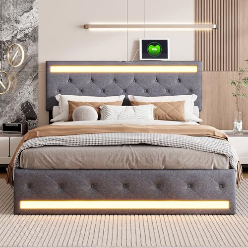 KRYZOR Bett 180 x 200 cm mit Lattenrost, LED und USB, gepolstertes Doppelbett mit Lattenrost, 180 x 200 cm mit 4 Schubladen, Schubladenbetten für Erwachsene und Jugendliche, Leinenstoff (180 x 200 cm)