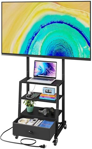 AFLUI Rolling TV Stand with Wheels and Mount & Fabric Drawer - Entertainment Center with Power Outlet and Small TV Stand for Bedroom, Living Room - 15 Black