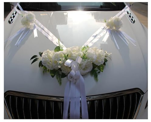 Pmnzdy Weiß Seidenblumen Girlande Autoschmuck für Hochzeitsauto Dekoration Wedding Auto Car Braut Paar Rose Blumen Deko Motorhaube Türgriff Rückspiegel Deko Set Autogirlande Blumenschmuck