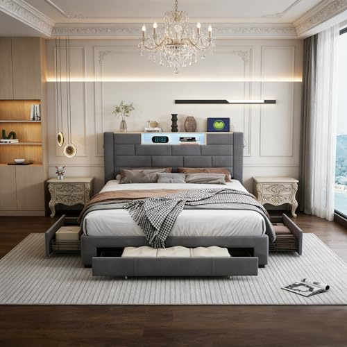 BRYXR Letto imbottito in velluto, 160 x 200 cm, letto matrimoniale con 3 cassetti e illuminazione a LED, letto funzionale con comoda testiera, doghe stabili per un perfetto comfort durante il sonno