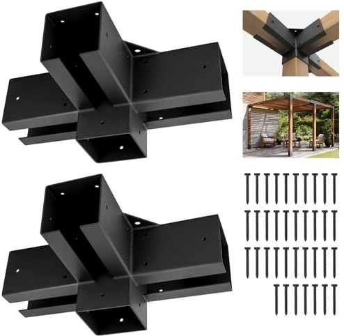 ColourTree Pergola-Halterungen für 4 x 4 Holzpfosten, 4-Wege-Eckwinkel, pulverbeschichteter Stahl, pulverbeschichteter Stahl, DIY-Pergola-Set für Pavillon, Terrasse, Pergola, Gärten – 2 Stück
