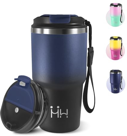 Thermobecher, 600 ml, thermobecher to Go Mug, 304 Edelstahl, Kaffeebecher mit Auslaufsicherem Deckel, Wiederverwendbar Kaffee Isolierbecher, Ideal für Camping, Autofahren - Dunkelblau&Schwarz