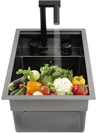 Fregadero de cocina Integrable, fregadero de cocina moderno con tapa – 1 bandeja grande 45 x 30 cm – Conjunto completo – Incluye grifo giratorio a 360° (gris metalizado)