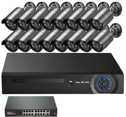 Sistema di telecamere di Sicurezza Poe IP Bullet da 32 canali 8MP 4K for Esterni, Smart Home, Kit di sorveglianza CCTV con Registrazione H.265 NVR(None,16pcs 8MP Cameras)