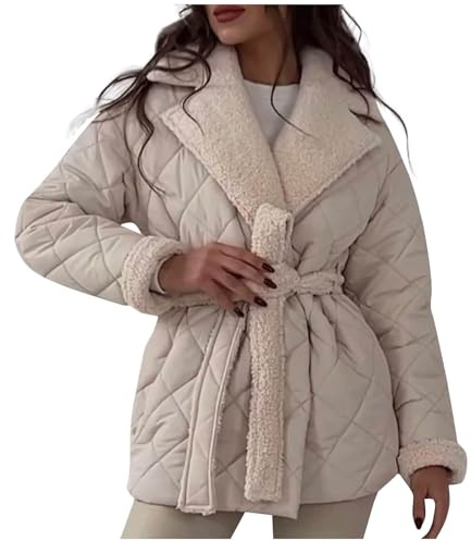 Puffer Coats Women's Lightweight Quilted Jackets Fleece Lined Long Sleeve Quilted Jacket Lapel Short Cotton Jacket Lapel Drawstring Waist Warm Casual Lined Coat Wrap Belted Coat Jackets Warm Outwear