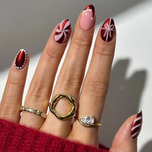 Viugex 24 Pièces Noël Faux Ongles Court Amande, Rayures Rouges Ongles à Coller, Naturels Français Glossy Press on Nails, Acrylique Couverture Complète Artificiel Capsules Ongles pour Femmes Filles