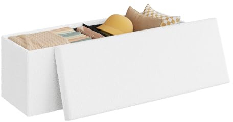 WOLTU sittbänk med förvaringsutrymme, för vardagsrum sovrum hall, sittpall sittkista, vikbar, gjord av teddyfleece, 110 x 38 x 38 cm, vit