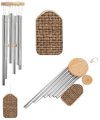 Windspiel mit Jute-Textur, Textil, Gedenkspiel, tiefer Ton, Windspiel mit 6 Aluminiumrohren, Outdoor-Hinterhof, Gartendekoration