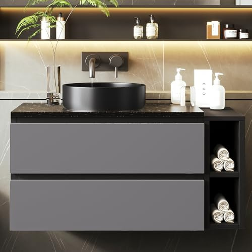 Kebnor Waschbeckenunterschrank hängend 80cm breit,mit Keramikwaschbecken, mit Schubladen,modernes Design,schwarz-graue