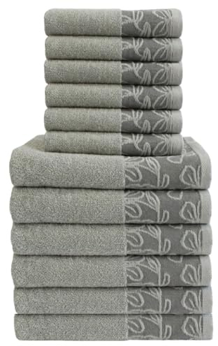 MAXIME MAISON - Set Asciugamani Bagno Viso e Bidet in Morbida Spugna 100% Cotone Assorbente (450 gr/m²) Set da Bagno 12 Pezzi Asciugamano Viso 55x100cm, Asciugamano Ospite 40x60cm (Floren Grigio)