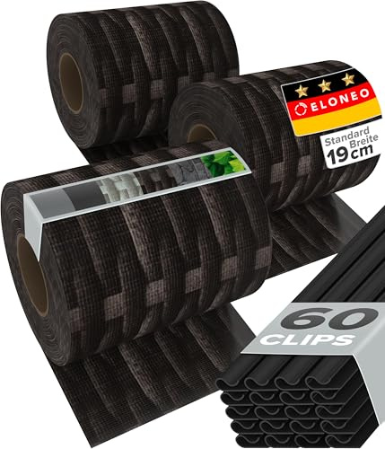 ELONEO PVC Sichtschutzstreifen Doppelstabmattenzaun | 3 Rolle á 35m x 19 cm | Balkon Sichtschutz mit 20 Befestigungsclips | Sichtschutz Zaun wetterfest und extra stabil, Rattan dunkel