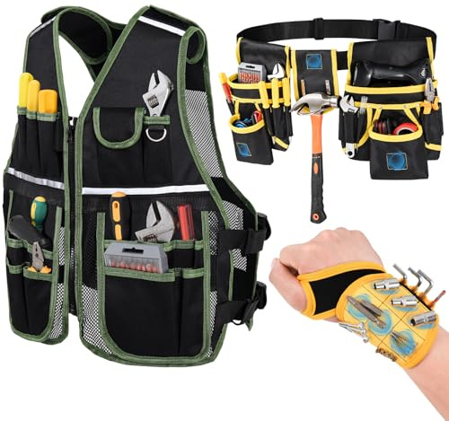 3-in-1 Tool Vest Set Adjustable Breathable for Carpenter Electrician | With Magnetic Wristband & Tool Belt; Multi Pockets for Gardening Construction DIY Work All-day Wearing