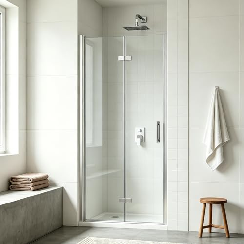 VEETEDOORA Nische Duschtür Faltbar 90 cm, Höhe: 195 cm, Verstellbereich 89–91 cm, Nischentür Dusche mit Falttür aus 6 mm ESG Nano-Glas, Duschabtrennung Faltbar, Rahmenlos Duschwand, ohne Duschtasse