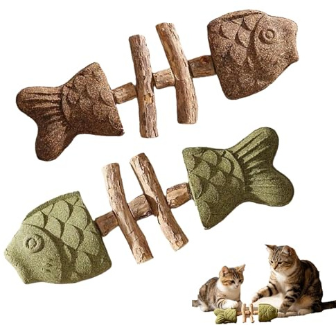 Kattmynta leksak, kattleksak i fiskbensform med Catnip och Matatabi-pinne, mot dålig lukt, hållbara katttuggstoy, boendekatter av naturträ robust