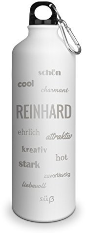 Trinkflasche mit Namen Reinhard - graviert mit Positive Eigenschaften, Aluminiumflasche mit Gravur, Sportflasche - matt weiß