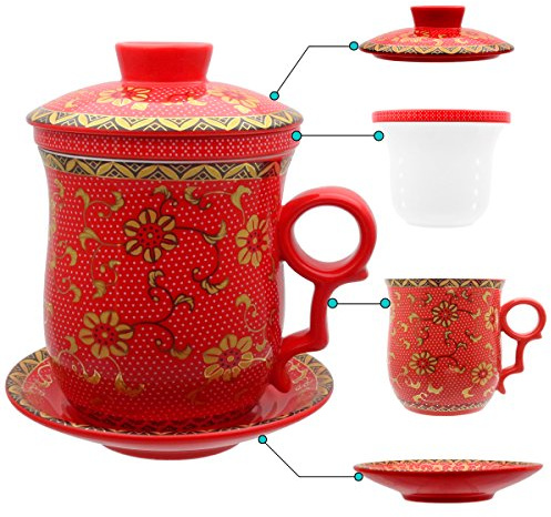 HOLLIHI Porcelana Taza de té con Tapa y platillo infusor Sets – Chino Jingdezhen cerámica Taza de café de té Sistema de preparación de té para Oficina en casa