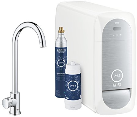 GROHE Blue Home Mono- Starter Kit (Mono Armatur mit Filterfunktion, 3 gefilterte und gekühlte Wasserarten, Filterkopf mit flexibler Wasserhärteeinstellung), chrom, 31498001
