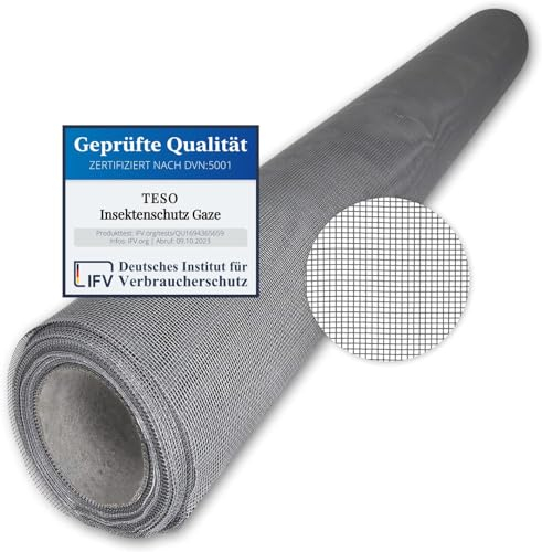 TESO Insektenschutz Gaze - Mückenschutz - Fliegengitter - UV-Beständig - mit PVC Beschichtung - einzeln verpackt Grau, 120 x 250cm)