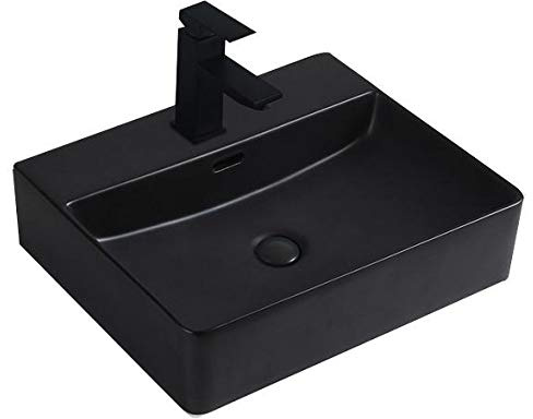 BERNSTEIN - Vasque Lavabo Rectangulaire Noir mat à poser 50x42x13cm Lave main Céramique + Bonde pop-up cache Noir - Design, Robuste & Durable - KW6146