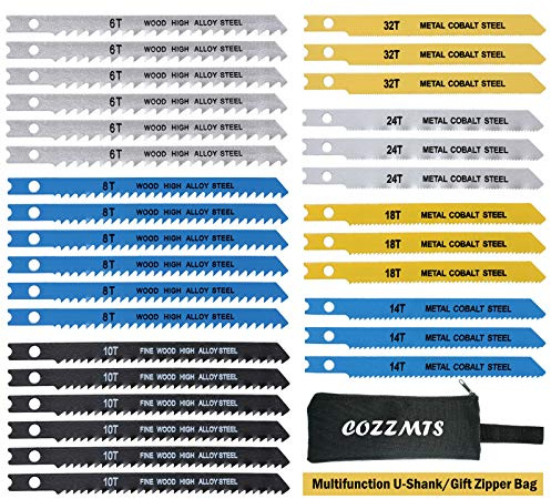 30PCS U-Shank Jig Saw Blade Set for Wood Plastic Metal Cutting Compatible with Bosch DEWALT SKIL Black and Decker Jigsaw Blades U Shank Includes 6T 8T 10T 14T 18T 24T 32T with 420D Zipper Bag