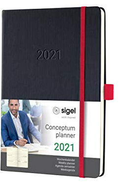 Sigel C2108 Terminplaner Wochenkalender 2021, ca. A5, schwarz/rot, Hardcover mit vielen Extras, Conceptum - weitere Modelle