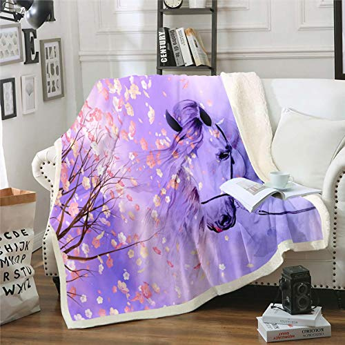 Coperta in Pile Con Stampa di Cavalli da Ragazza - Motivo Floreale, Peluche per Divano, Letto - Stile Animale Magico, Sherpa Fantasia, Pelosa Con Cavallo da Sogno