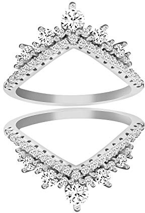 Anillo de compromiso de plata de ley 925 con corona redonda de circonita cúbica, 2 piezas en forma de V Y1027, Cristal, Zirconia cúbica