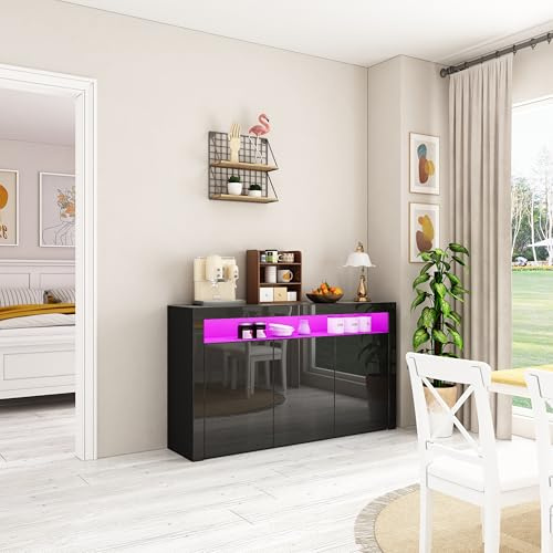 Senvoziii LED Sideboard Storage Cabinet Cupboard Unit 3 Doors with Open Case High Gloss TV Stand Unit for Dining Room Living Room (Black)