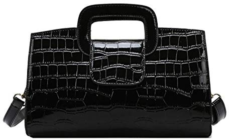 Milya Damen Vintage Krokodil Lackleder Handtasche Clutch Henkeltasche Abendtasche Umhängetasche Ledertasche Schultertasche mit Schulteriemen Muttertaggeschenk, Lackleder Schwarz