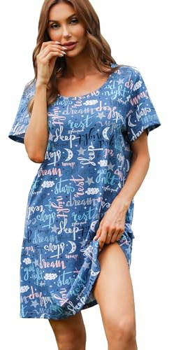 ENJOYNIGHT Camisón de Algodón de Manga Corta para Mujer Camiseta de Manga Corta Camisa de Noche Camisón de Verano Ropa de Noche (Large,Azul)