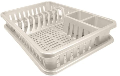 plastific Plastic Dish Drainer Plate Cutlery Rack Kitchen Sink Utensil Draining Cup Holder Plastic Dish Drainer Rack and Plastic Sink Drainer Tray (45 x 29.7 x 8cm, Taupe)