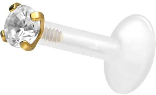 PIERCINGLINE PTFE Labret mit Gewinde Titan AUFSATZ KRISTALL 2,5 mm Goldfarben 1,2 x 6 mm Piercing Lippe Nase Ohr
