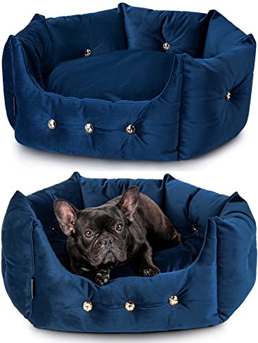 NELKE Europe Luxus Hundebett im Glamour Stil Navy-Blau Hundesofa für kleine und mittelgroße Hunde Kuscheliges Velour Haustierbett in handgemachter Premium-Qualität