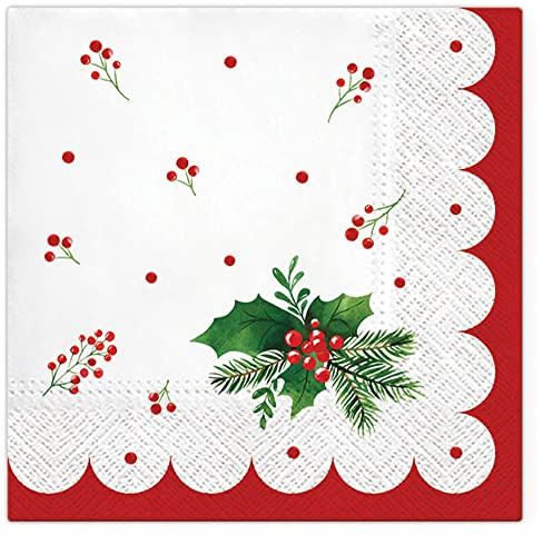 3-Ply Christmas Paper Serviettes Xmas Napkins for Decoupage 33cm x 33cm - Pack of 20 (Holly in The Frame)