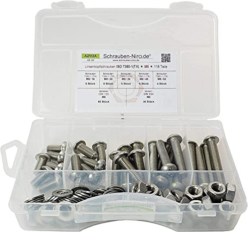 Sortiment ISO 7380 Linsenkopfschrauben Torx M8 Edelstahl V2A 118 Teile mit Muttern, Unterlegscheiben