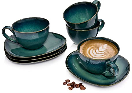 SÄNGER | Kaffeetassen Set mit Untertasse Mauri 8 tlg, Kaffeeservice für 4 Personen, Steingut Tassen Set Dunkelgrün mit Dunkelblauem Farbverlauf, Kaffeegeschirr 230 ml | PREMIUM COLLECTION