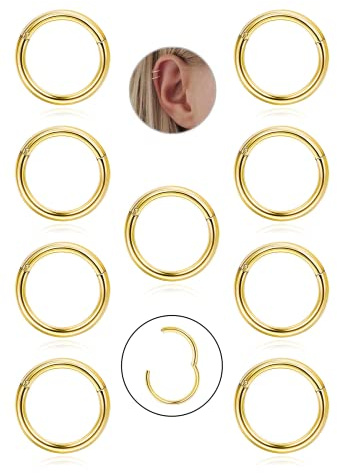 JeryWe 9 PCS in Acciaio Inox 16g Cartilagine Orecchini A Cerchio per Le Donne degli Uomini Naso Hoop Anello Elica Setto Conchiglia Daith Labbro Trago Piercing Gioielli Oro 8mm