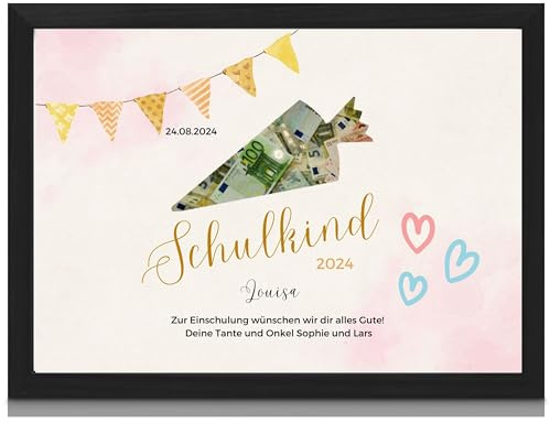 MilaBoo® Personalisiertes Geldgeschenk zur Einschulung – ausgestanzte Schultüte für persönliches Geldgeschenk – langlebiges Erinnerungsstück an die Einschulung (Schultüte)