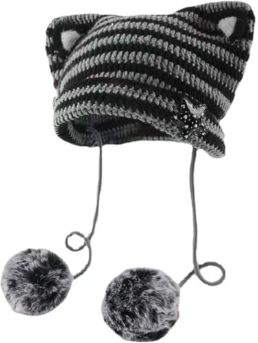 Y2k Beanie mit Katzenohren, Gyaru, Acubi-Teufel, Häkelmütze, niedlicher Kawaii-Stern, Grunge, ästhetische Pompons, Cutecore Y2k Harajuku Kleidung