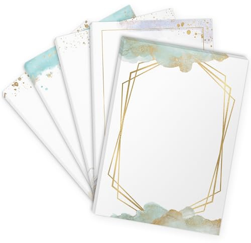50 x Briefpapier Mix | Bunter Aquarell Gold Türkis Look Papier Mix 5 Motive | Motivpapier A4 | edles Design Papier | beidseitig bedruckt | Set Speisekarte Einladung edel