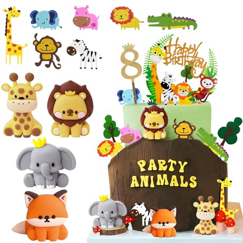 Decoration Gateau Animaux 8 Ans, Décoration Gteau Anniversaire Garçon 8er, Safari Jungle Deco Gteau Cake Cupcake Topper pour Enfant Fille Garçon Anniversaire