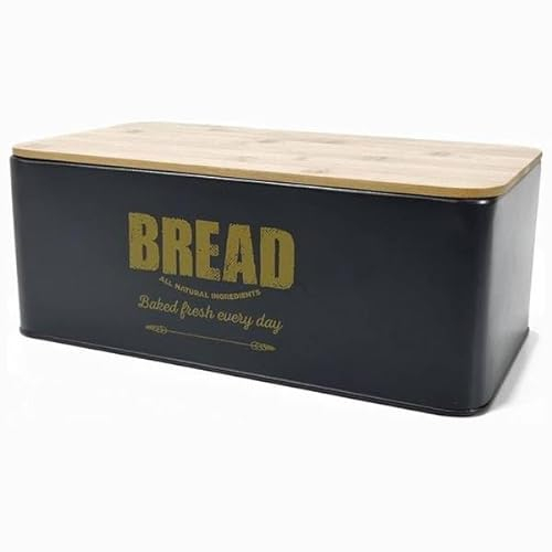 OISE ART STORE Trade Shop - Contenitore Portapane Vintage Nero Coperchio Tagliere in Legno Latta Alimenti