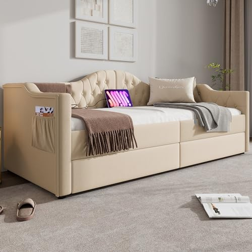 Dolamaní Schlafsofa Klein mit Bettfunktion 90x200 cm Beige, breit, Jugendzimmer Schlafsessel 3 sitzer mit Bettfunktion & Schlaffunktion, Bettkasten mit 2 Schubladen, 90 cm breit