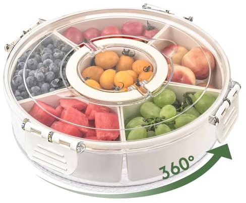 Jemey Snackslåda med 6 fack, vridbar snacksskål, snacksbricka, organisatör lämplig för picknick och familjeåterförening, avtagbara mellanmålsspinnare för godis, frukt, nötter, inte diskmaskinssäker